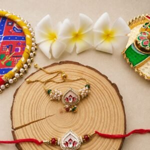 Elegant Kundan Lotus Bhaiya Bhabhi Rakhi & Adjustable Slider Lumba Combo Set