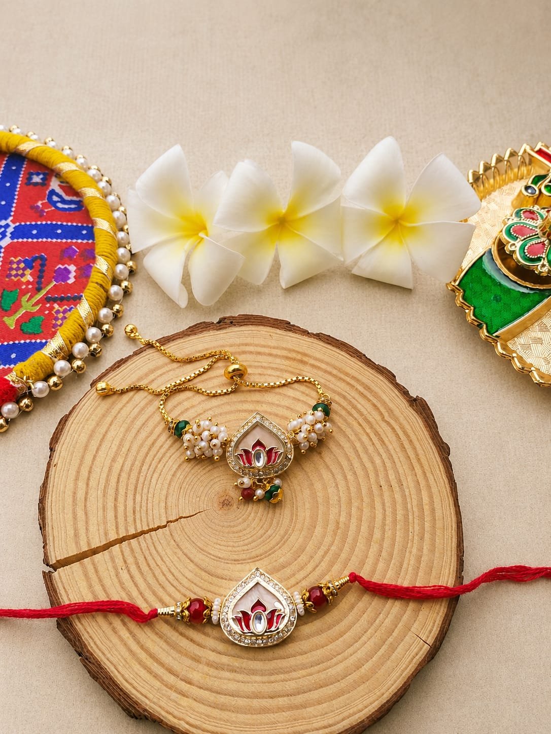 Elegant Kundan Lotus Bhaiya Bhabhi Rakhi & Adjustable Slider Lumba Combo Set