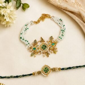 Regal Swastik & Emerald Bhaiya Bhabhi Rakhi & Multi-Strand Lumba Set