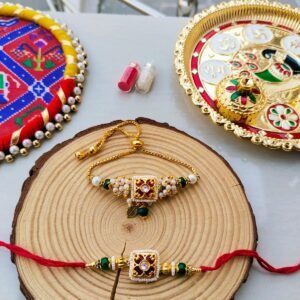 Premium Maroon & Green Pearl Bhaiya Bhabhi Rakhi Lumba Combo Set