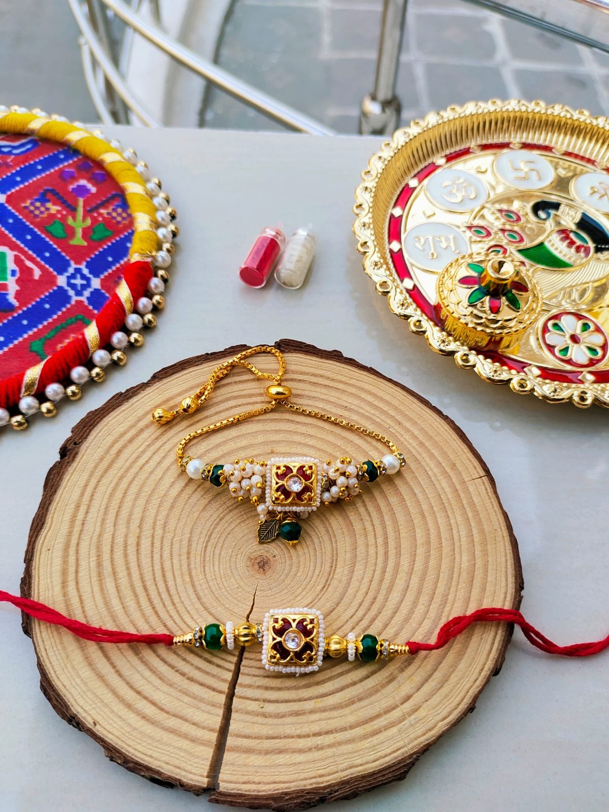 Premium Maroon & Green Pearl Bhaiya Bhabhi Rakhi Lumba Combo Set