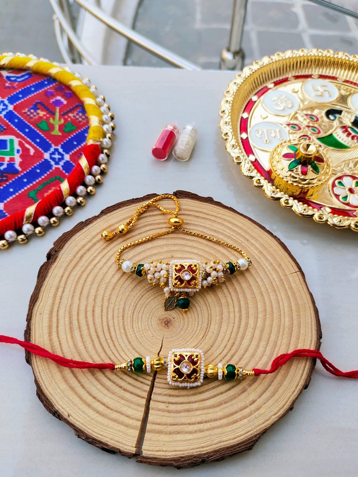 Premium Maroon & Green Pearl Bhaiya Bhabhi Rakhi Lumba Combo Set - Image 2