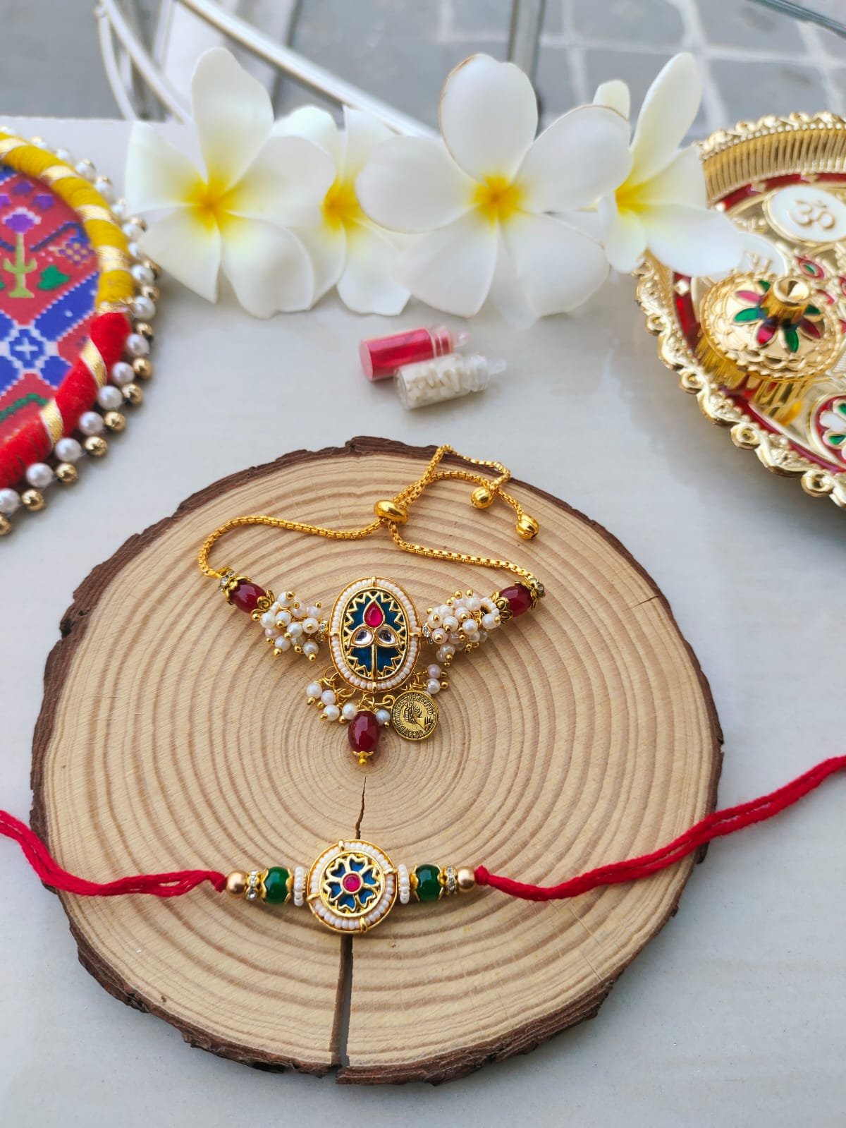 Royal Meenakari Floral Bhaiya Bhabhi Rakhi & Adjustable Slider Lumba Combo Set