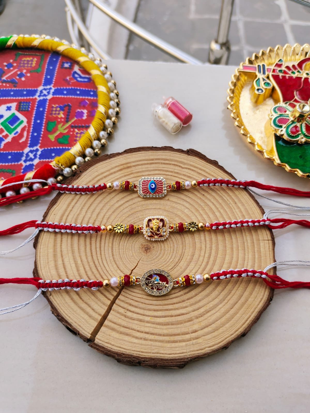 Spiritual Shield Premium Designer Rakhi Collection – Choose from Evil Eye, Lord Ganesha, or Bal Krishna (Single Piece)