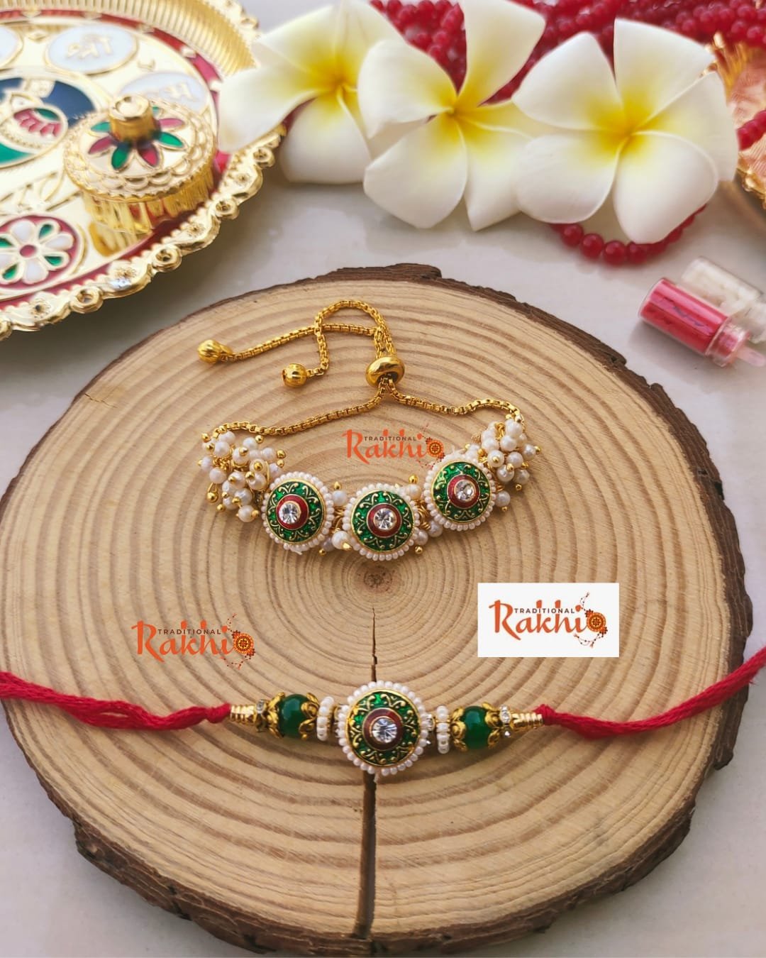 Emerald Green Meenakari Floral Bhaiya Bhabhi Rakhi Combo Set (Premium Slider Lumba Set) - Image 2