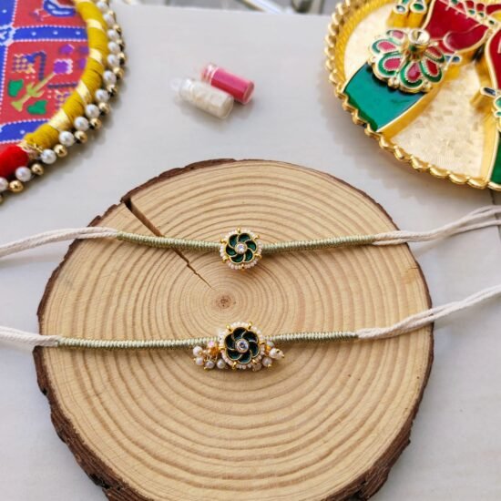 Teal Green Meenakari Floral Bhaiya Bhabhi Rakhi Combo Set