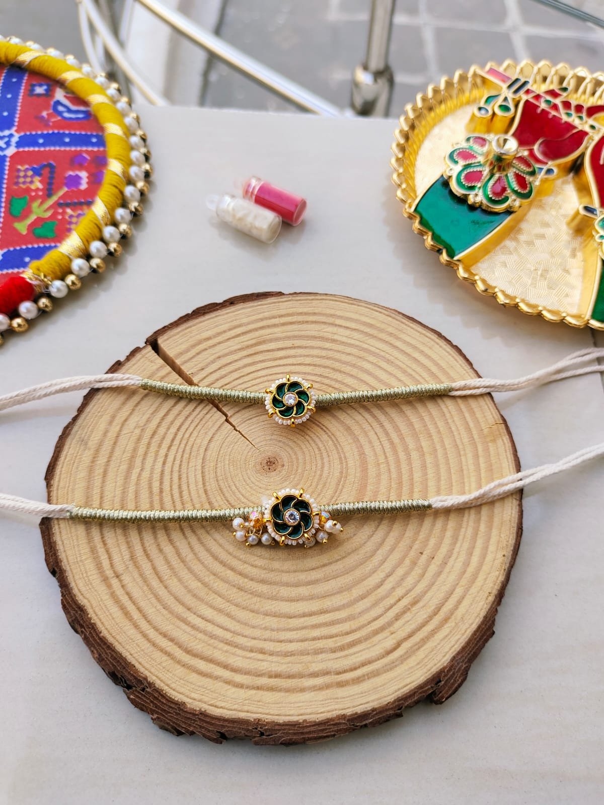 Teal Green Meenakari Floral Bhaiya Bhabhi Rakhi Combo Set
