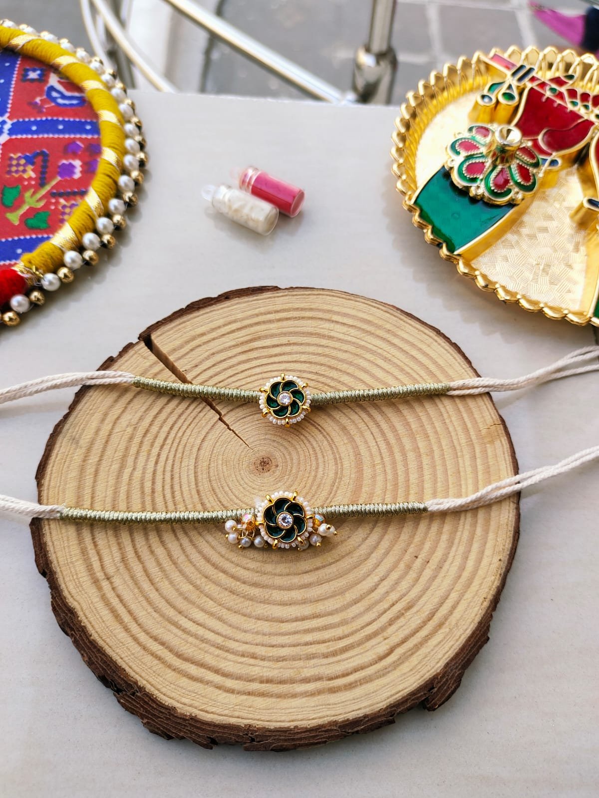 Teal Green Meenakari Floral Bhaiya Bhabhi Rakhi Combo Set - Image 2