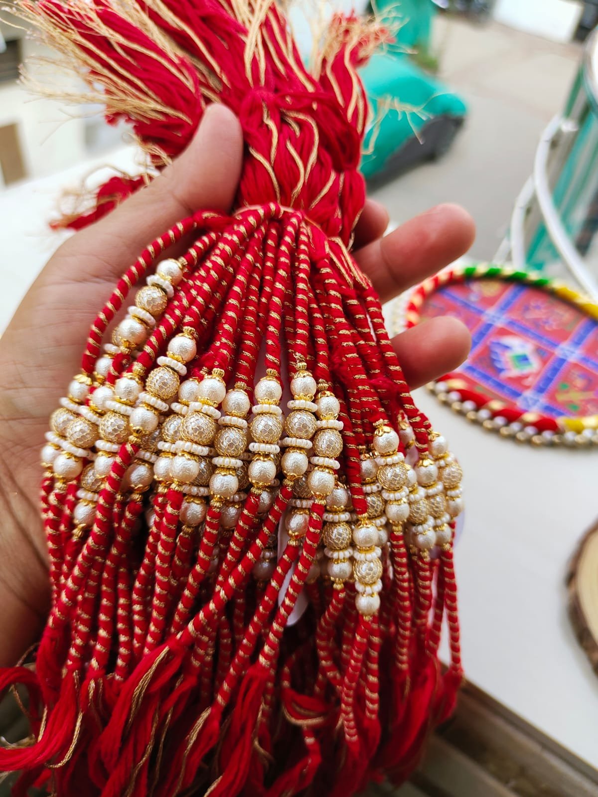Elegant Pearl & Textured Metallic Bead Designer Rakhi Collection - Image 3