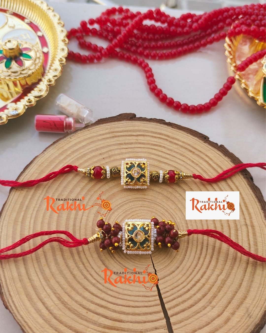 Royal Green Square Meenakari Bhaiya Bhabhi Rakhi Combo Set - Image 2