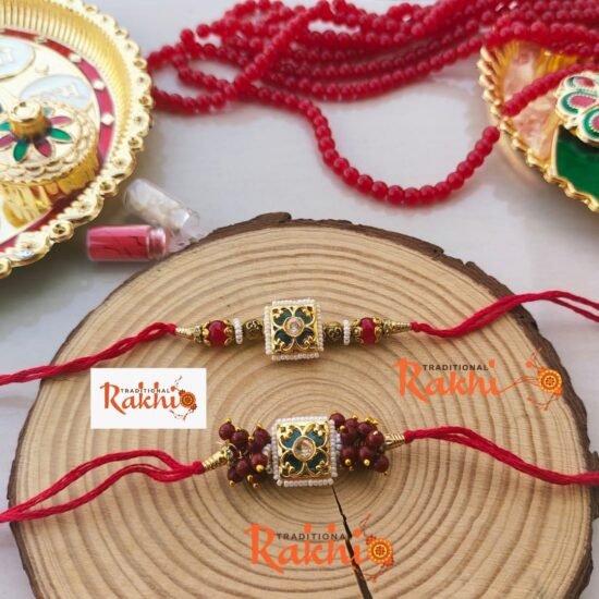 Royal Green Square Meenakari Bhaiya Bhabhi Rakhi Combo Set