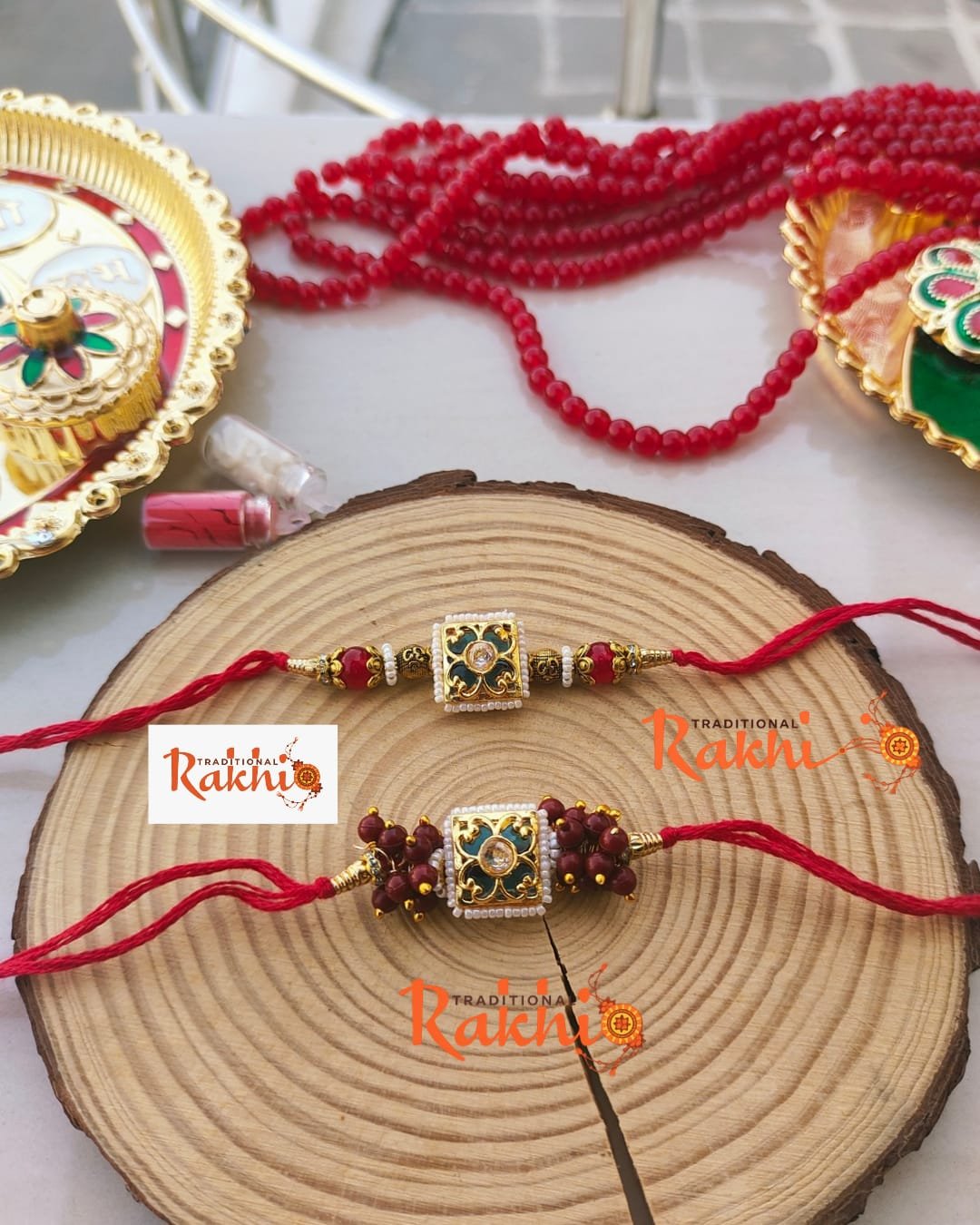 Royal Green Square Meenakari Bhaiya Bhabhi Rakhi Combo Set