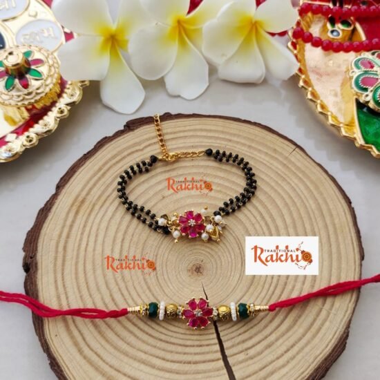 Festive Pink Floral Bhaiya Bhabhi Rakhi & Mangalsutra-Style Lumba Combo Set