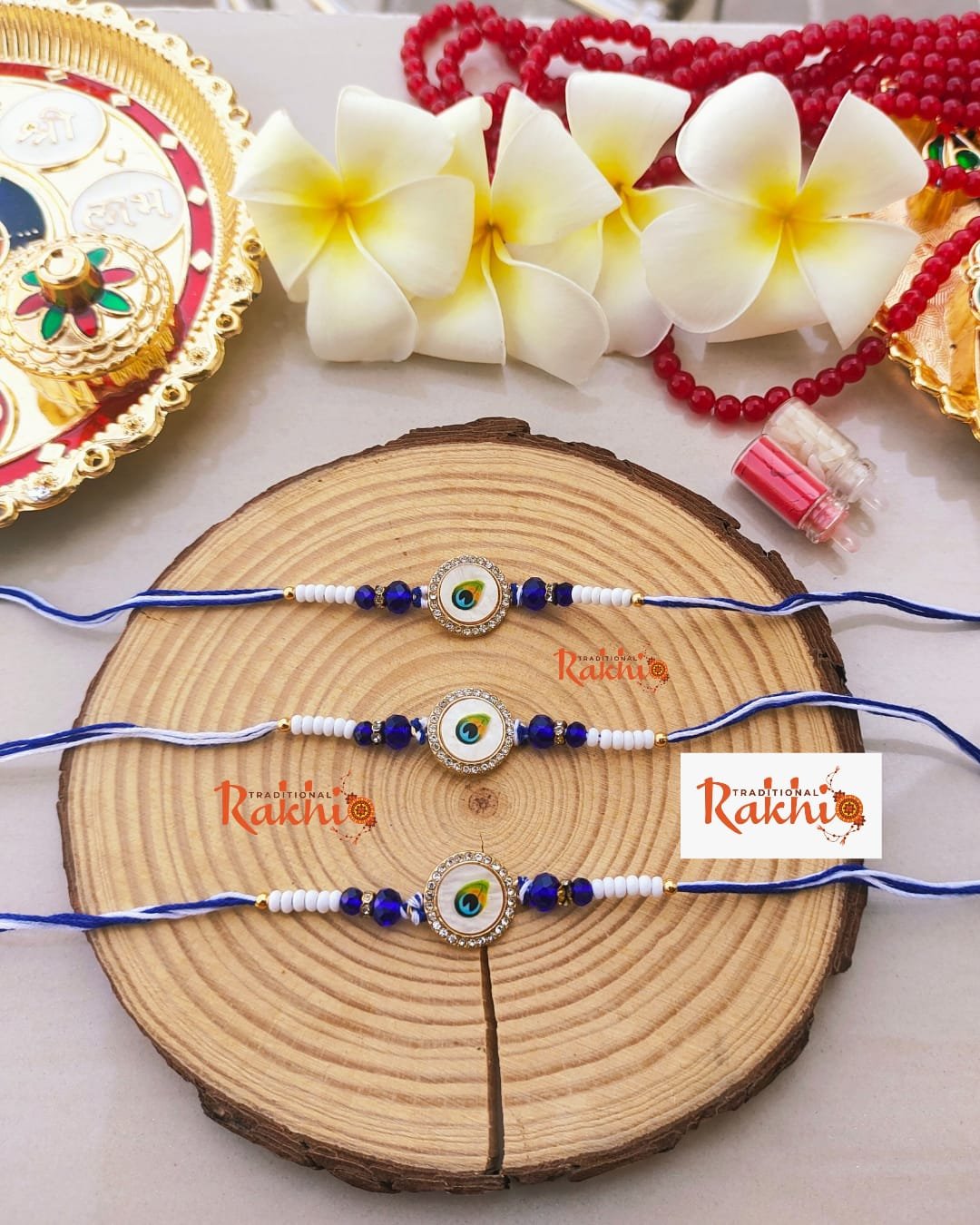 Premium Peacock Feather Evil Eye Beaded Rakhi - Image 2