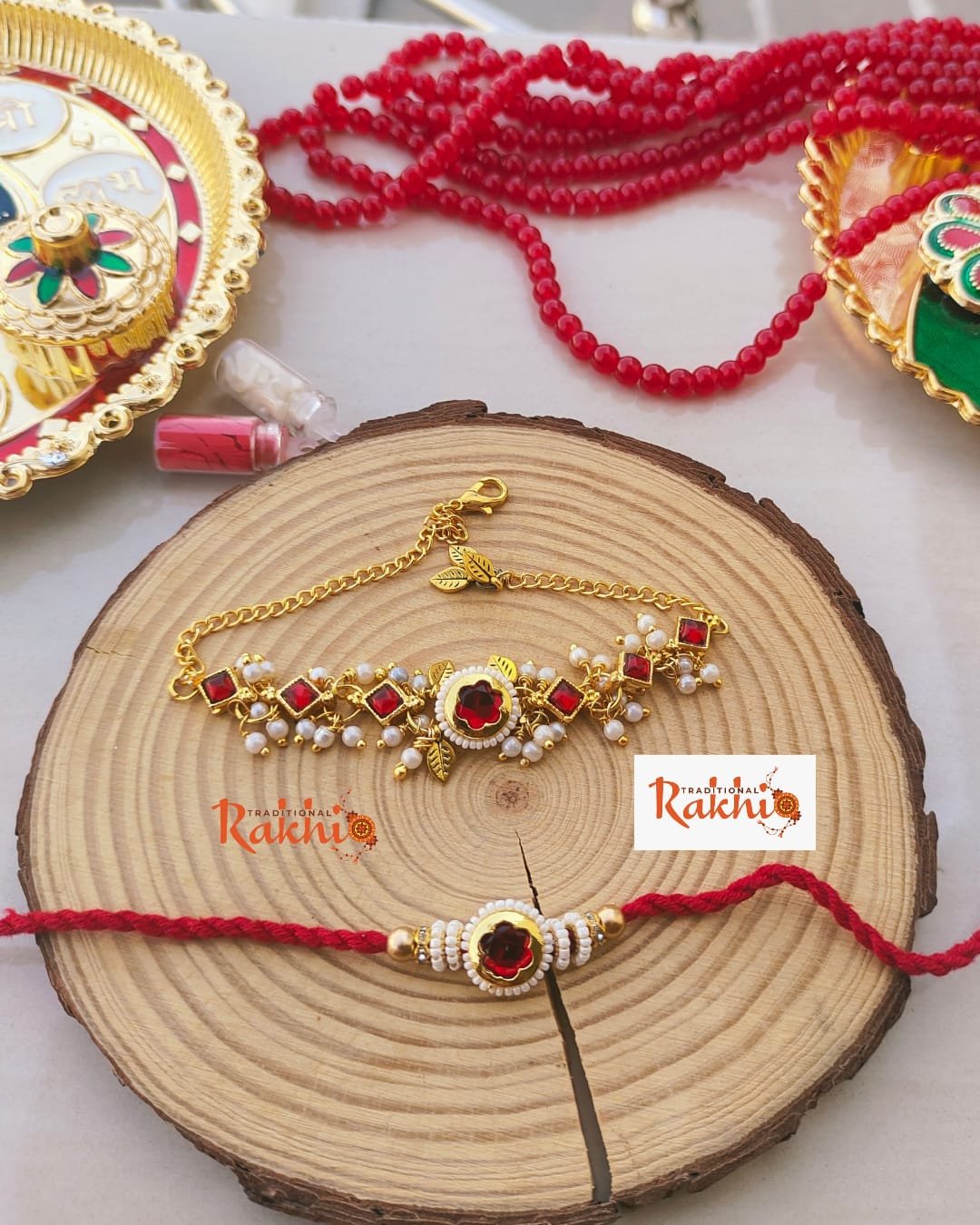 Royal Ruby Kundan Bhaiya Bhabhi Rakhi & Adjustable Bracelet Lumba Set (Combo Pack) - Image 2