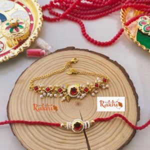 Royal Ruby Kundan Bhaiya Bhabhi Rakhi & Adjustable Bracelet Lumba Set (Combo Pack)