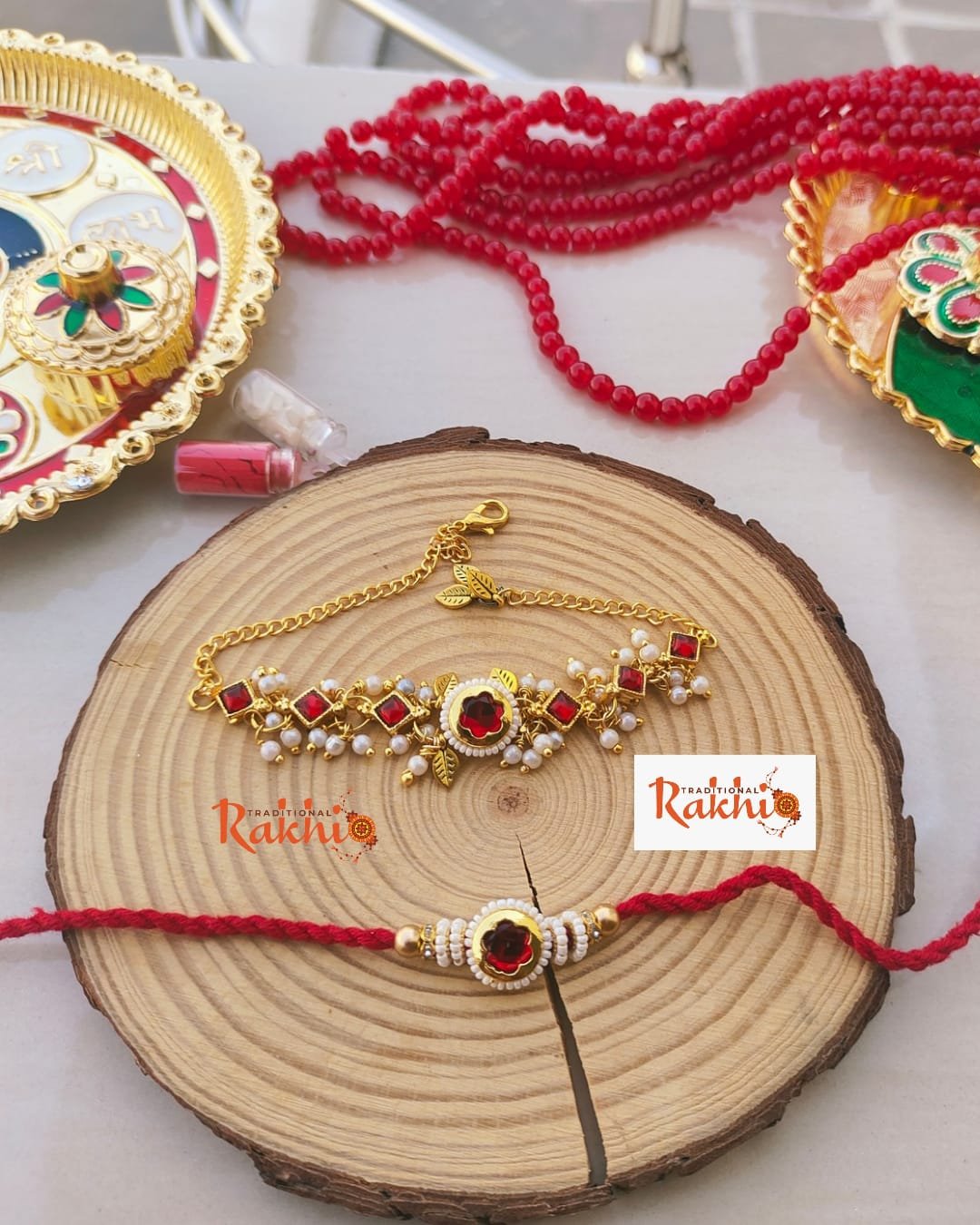 Royal Ruby Kundan Bhaiya Bhabhi Rakhi & Adjustable Bracelet Lumba Set (Combo Pack)