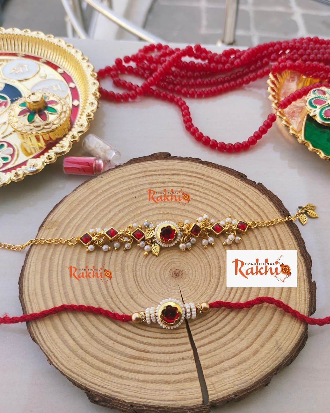 Royal Ruby Kundan Bhaiya Bhabhi Rakhi & Adjustable Bracelet Lumba Set (Combo Pack) - Image 3