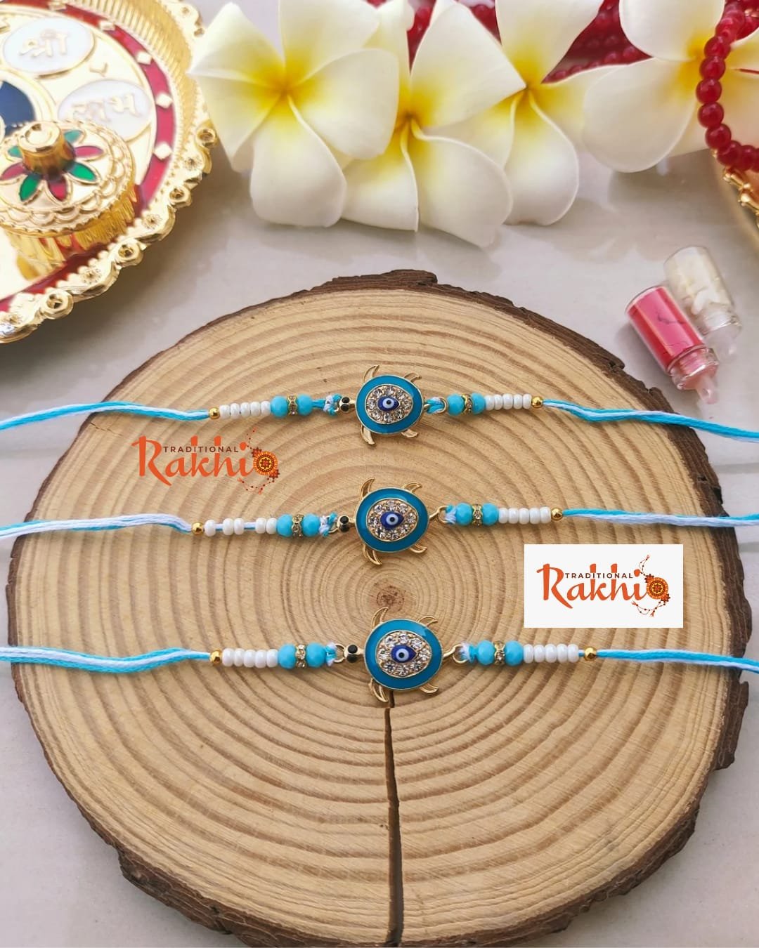 Premium Tortoise Evil Eye Beaded Single Thread Rakhi - Image 2
