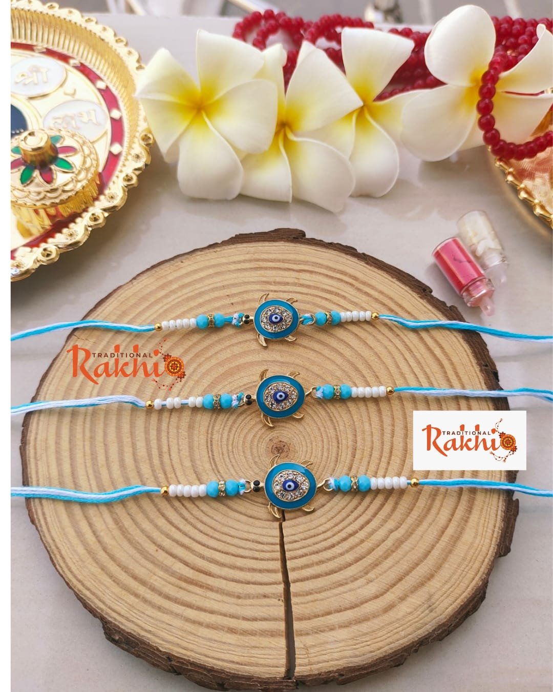 Premium Tortoise Evil Eye Beaded Single Thread Rakhi - Image 3