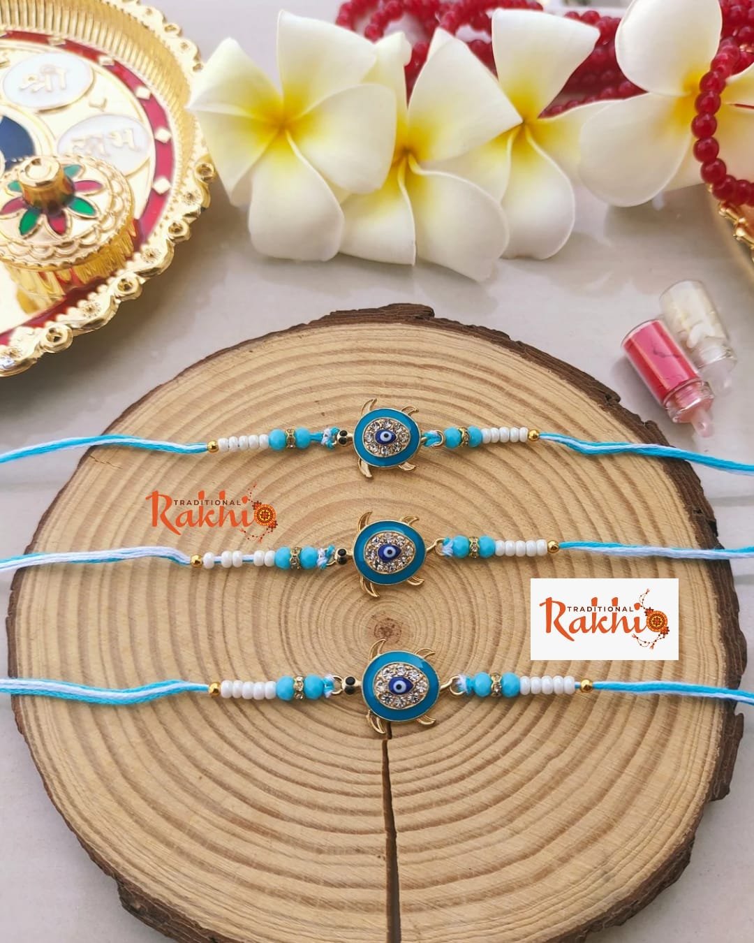 Premium Tortoise Evil Eye Beaded Single Thread Rakhi