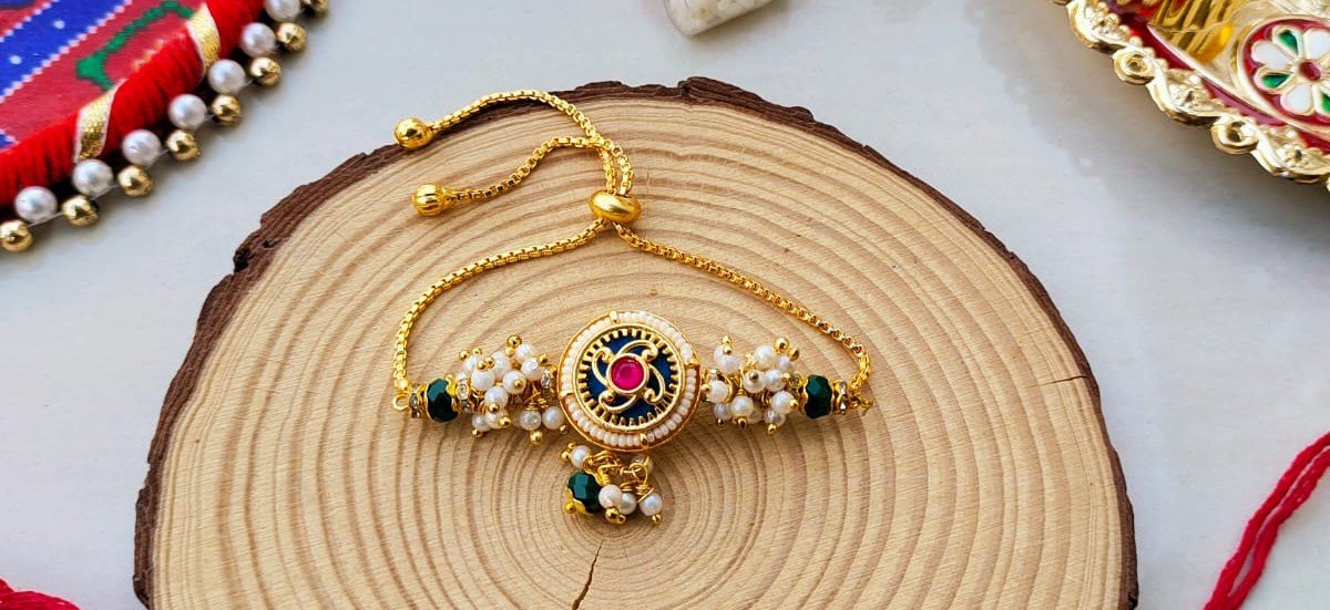 Royal Blue Meenakari Floral Bhaiya Bhabhi Rakhi Combo Set - Image 3
