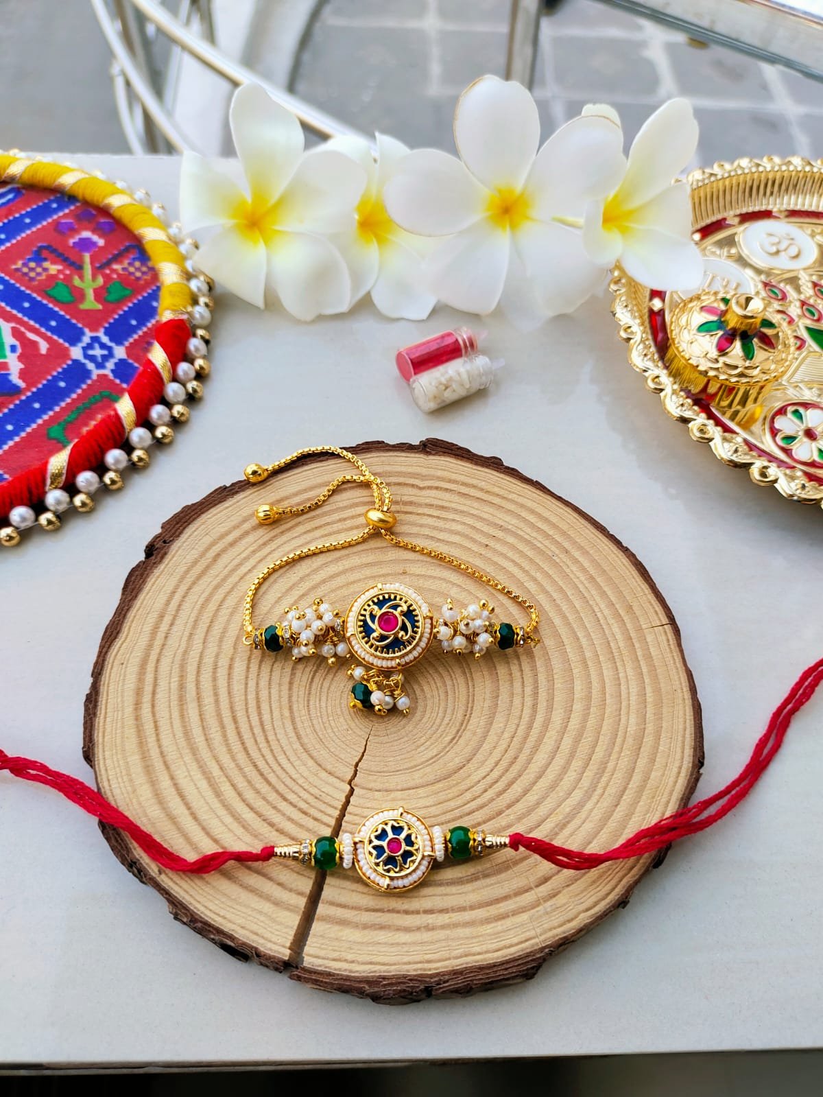 Royal Blue Meenakari Floral Bhaiya Bhabhi Rakhi Combo Set - Image 2