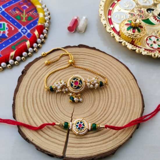 Royal Blue Meenakari Floral Bhaiya Bhabhi Rakhi Combo Set