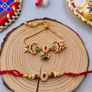 Royal Pink Kundan & Crescent Bhaiya Bhabhi Rakhi Combo Set (Premium Adjustable Lumba Pack)