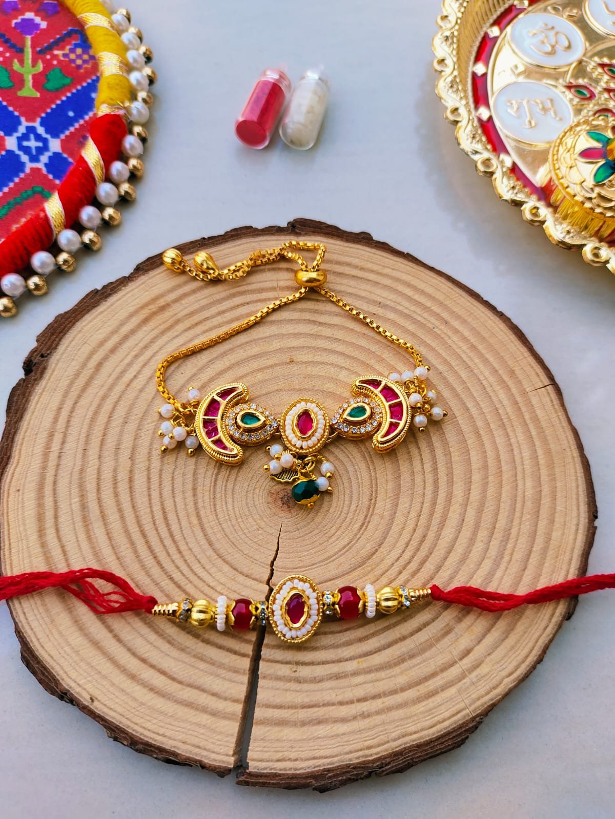 Royal Pink Kundan & Crescent Bhaiya Bhabhi Rakhi Combo Set (Premium Adjustable Lumba Pack)