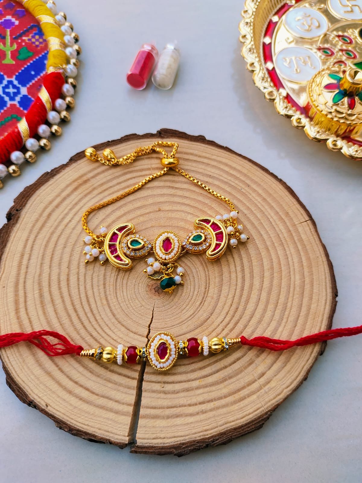 Royal Pink Kundan & Crescent Bhaiya Bhabhi Rakhi Combo Set (Premium Adjustable Lumba Pack) - Image 2
