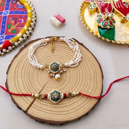 Hexagonal Green Meenakari & Multi-Strand Pearl Bhaiya Bhabhi Rakhi Combo Set (Premium Lumba Set)