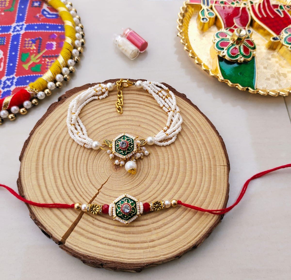 Hexagonal Green Meenakari & Multi-Strand Pearl Bhaiya Bhabhi Rakhi Combo Set (Premium Lumba Set)