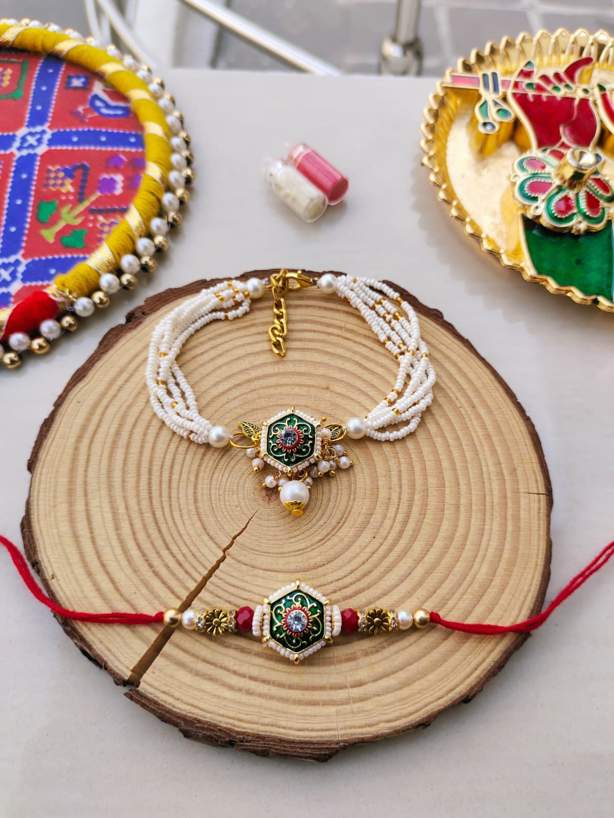 Hexagonal Green Meenakari & Multi-Strand Pearl Bhaiya Bhabhi Rakhi Combo Set (Premium Lumba Set) - Image 2