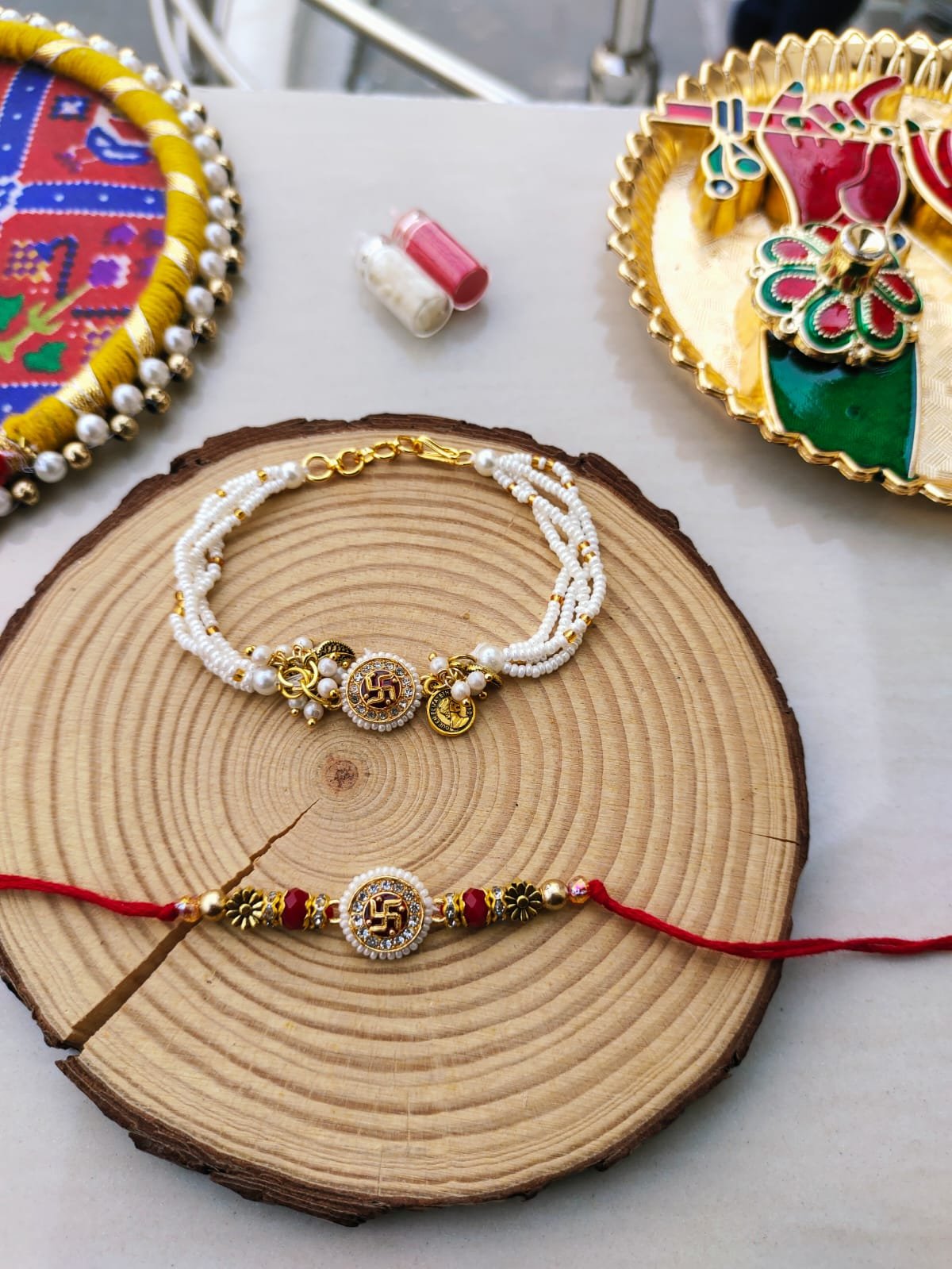 Sacred Swastika & Multi-Strand Pearl Bhaiya Bhabhi Rakhi Combo Set - Image 2