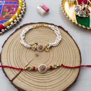 Sacred Swastika & Multi-Strand Pearl Bhaiya Bhabhi Rakhi Combo Set