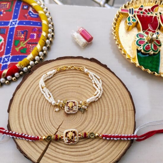 Divine Lord Ganesha Multi-Strand Pearl Bhaiya Bhabhi Rakhi Combo Set (Premium Lumba Set)