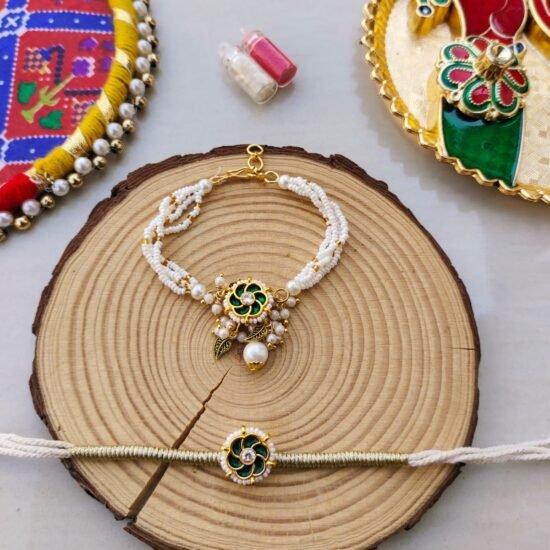 Green Floral Meenakari & Multi-Strand Pearl Bhaiya Bhabhi Rakhi Combo Set
