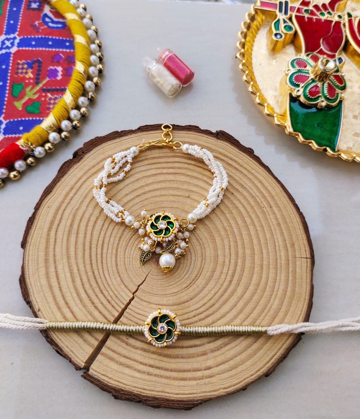Green Floral Meenakari & Multi-Strand Pearl Bhaiya Bhabhi Rakhi Combo Set