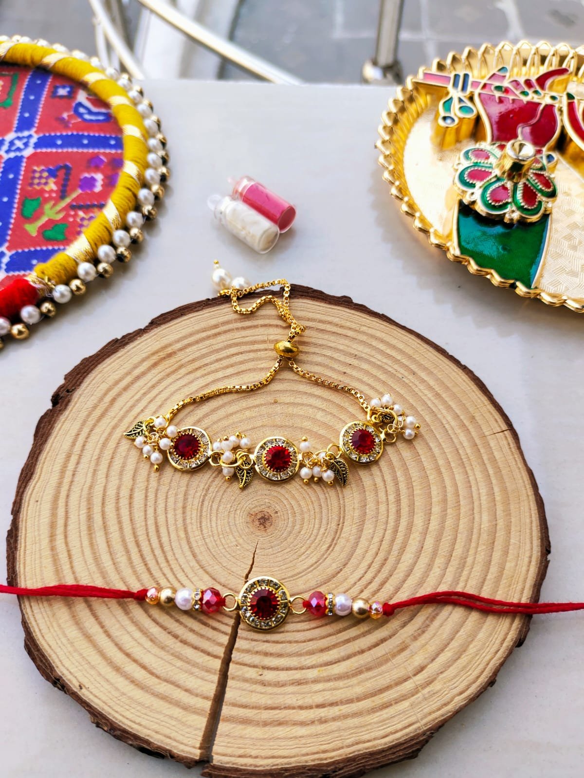 Ruby Red Crystal & Floral Leaf Bhaiya Bhabhi Rakhi Combo Set - Image 3