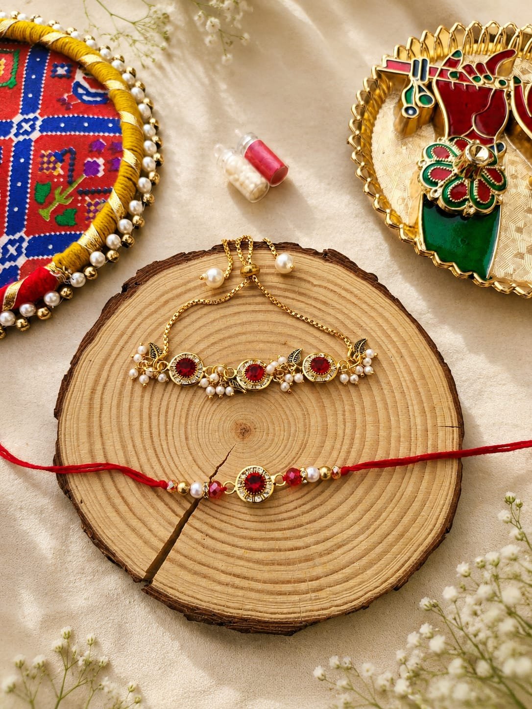 Ruby Red Crystal & Floral Leaf Bhaiya Bhabhi Rakhi Combo Set - Image 2