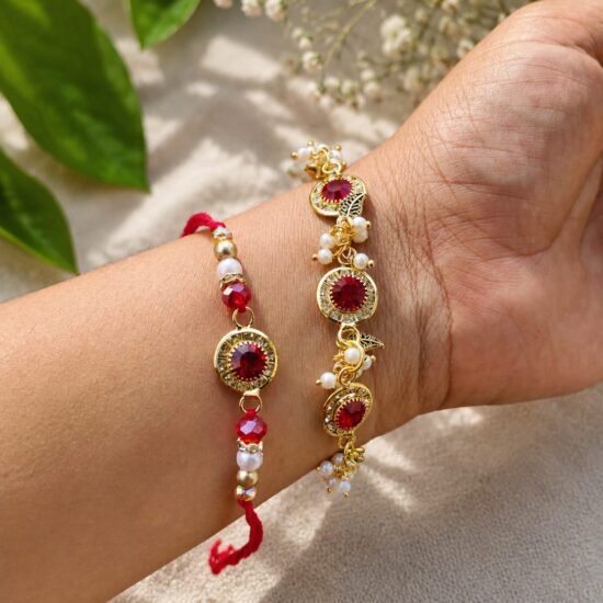 Ruby Red Crystal & Floral Leaf Bhaiya Bhabhi Rakhi Combo Set