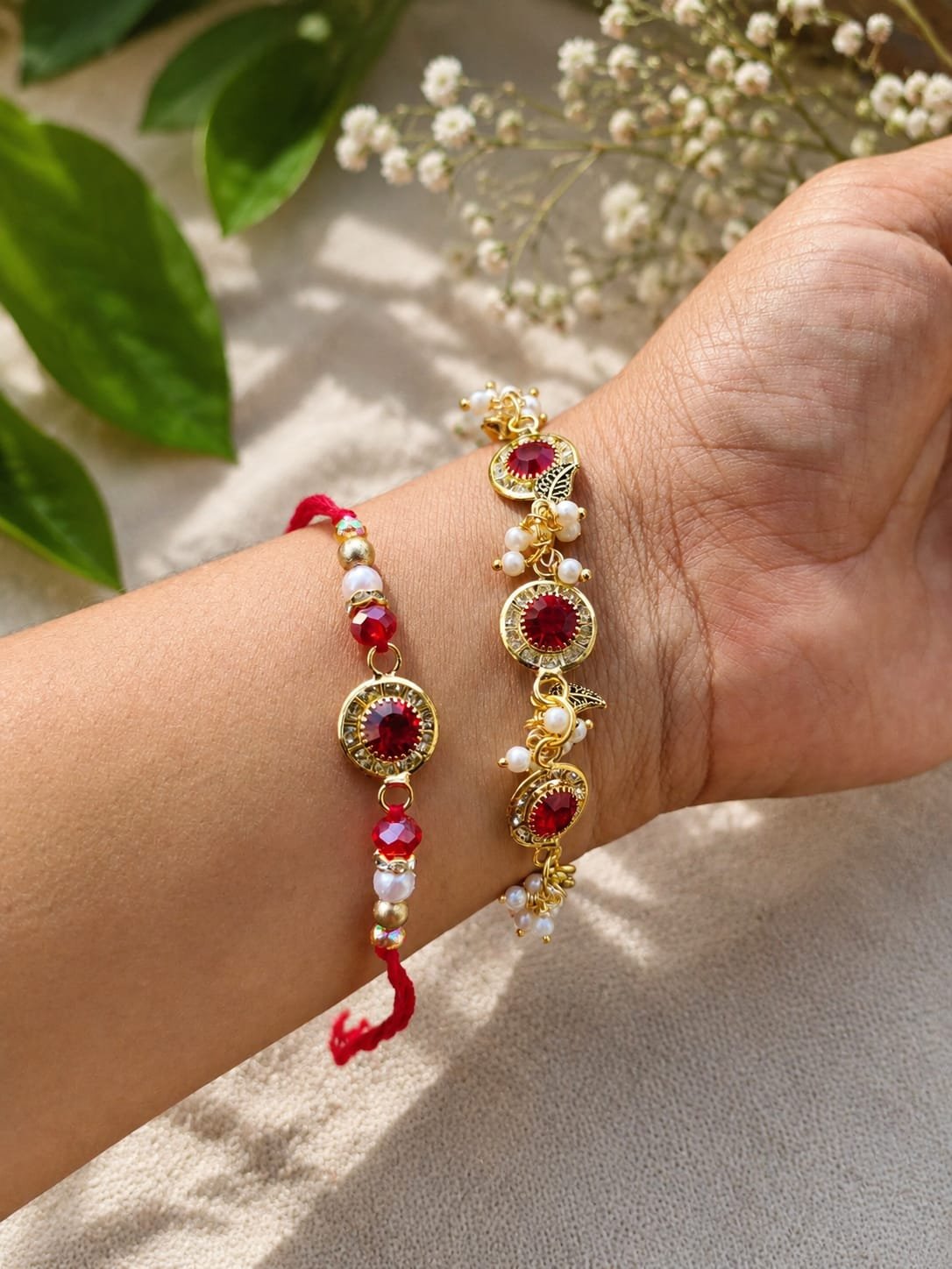 Ruby Red Crystal & Floral Leaf Bhaiya Bhabhi Rakhi Combo Set