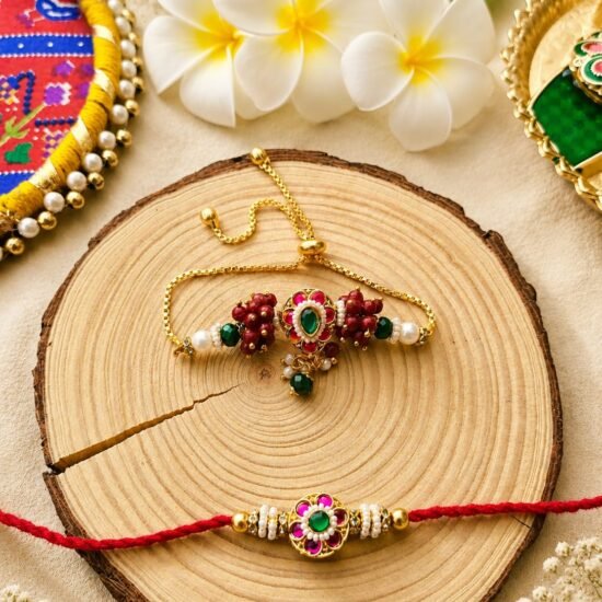 Maroon & Emerald Green Floral Meenakari Bhaiya Bhabhi Rakhi Combo Set