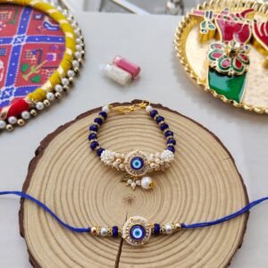 Protective Evil Eye & Royal Blue Bead Bhaiya Bhabhi Rakhi Combo Set