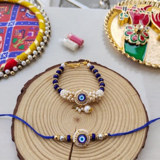 Protective Evil Eye & Royal Blue Bead Bhaiya Bhabhi Rakhi Combo Set