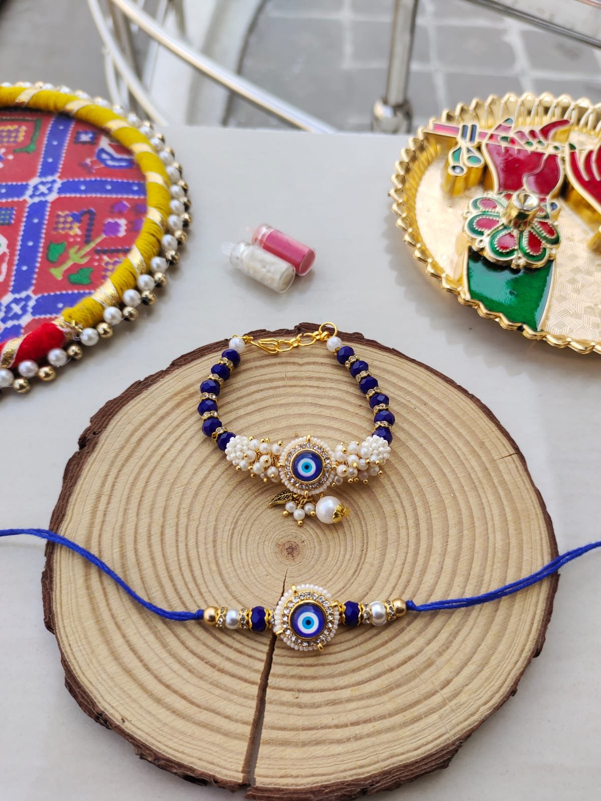 Protective Evil Eye & Royal Blue Bead Bhaiya Bhabhi Rakhi Combo Set