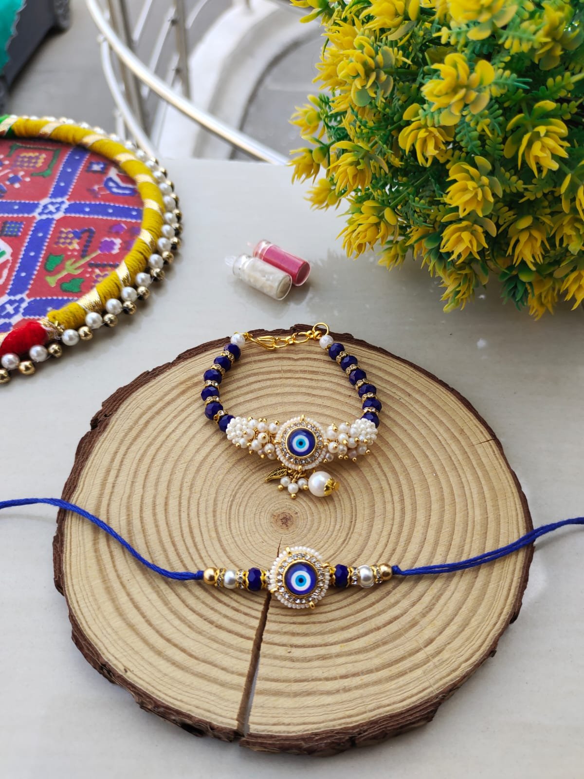 Protective Evil Eye & Royal Blue Bead Bhaiya Bhabhi Rakhi Combo Set - Image 2