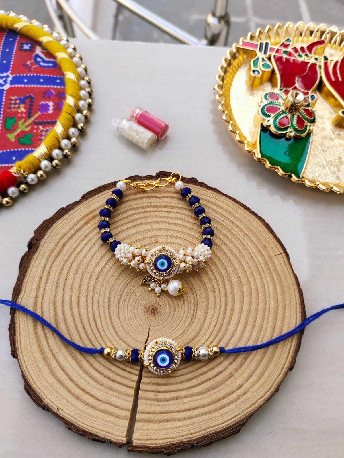Protective Evil Eye & Royal Blue Bead Bhaiya Bhabhi Rakhi Combo Set - Image 3