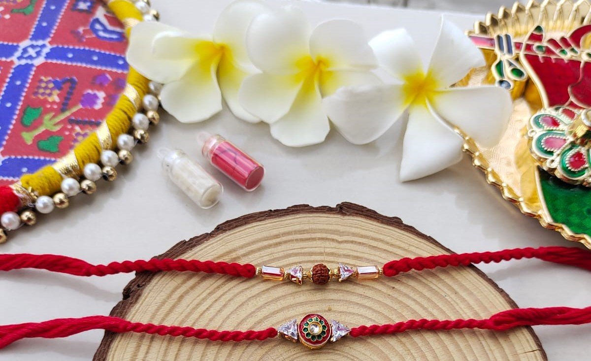 Sacred Rudraksha & Floral Meenakari Couple Rakhi Set - Image 2